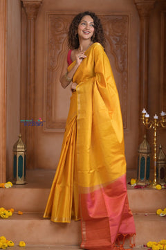 Shubh Lakshmi ~ Handloom High Quality Pure Soft Silk Saree in First Light Yellow (Silk Mark Certified) - verymuchindian.com