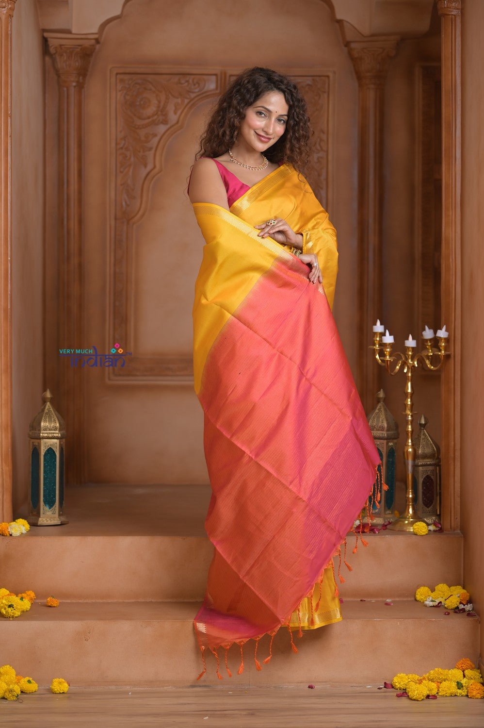 Shubh Lakshmi ~ Handloom High Quality Pure Soft Silk Saree in First Light Yellow (Silk Mark Certified) - verymuchindian.com