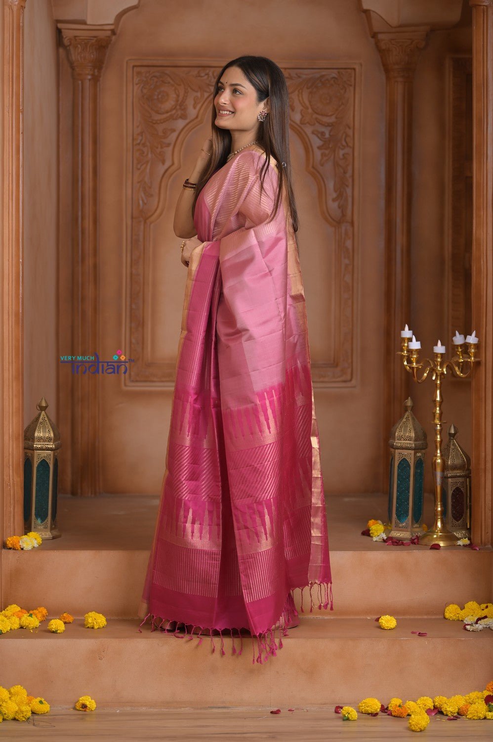 Shubh Lakshmi~ Handloom High Quality Pure Soft Silk Saree in Fuschia Pink (Silk Mark Certified) - verymuchindian.com