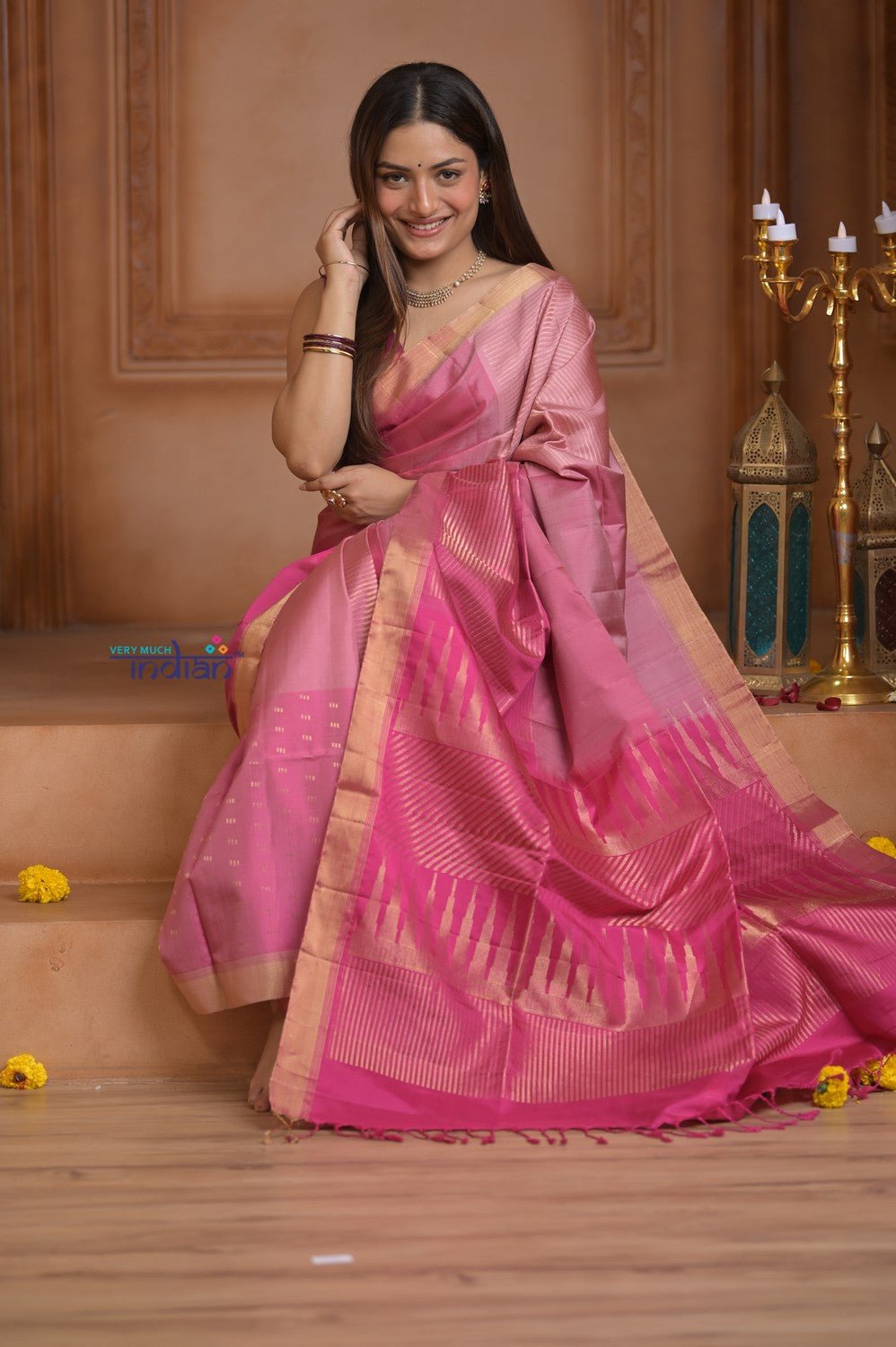 Shubh Lakshmi~ Handloom High Quality Pure Soft Silk Saree in Fuschia Pink (Silk Mark Certified) - verymuchindian.com