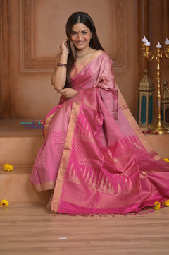 Shubh Lakshmi~ Handloom High Quality Pure Soft Silk Saree in Fuschia Pink (Silk Mark Certified) - verymuchindian.com