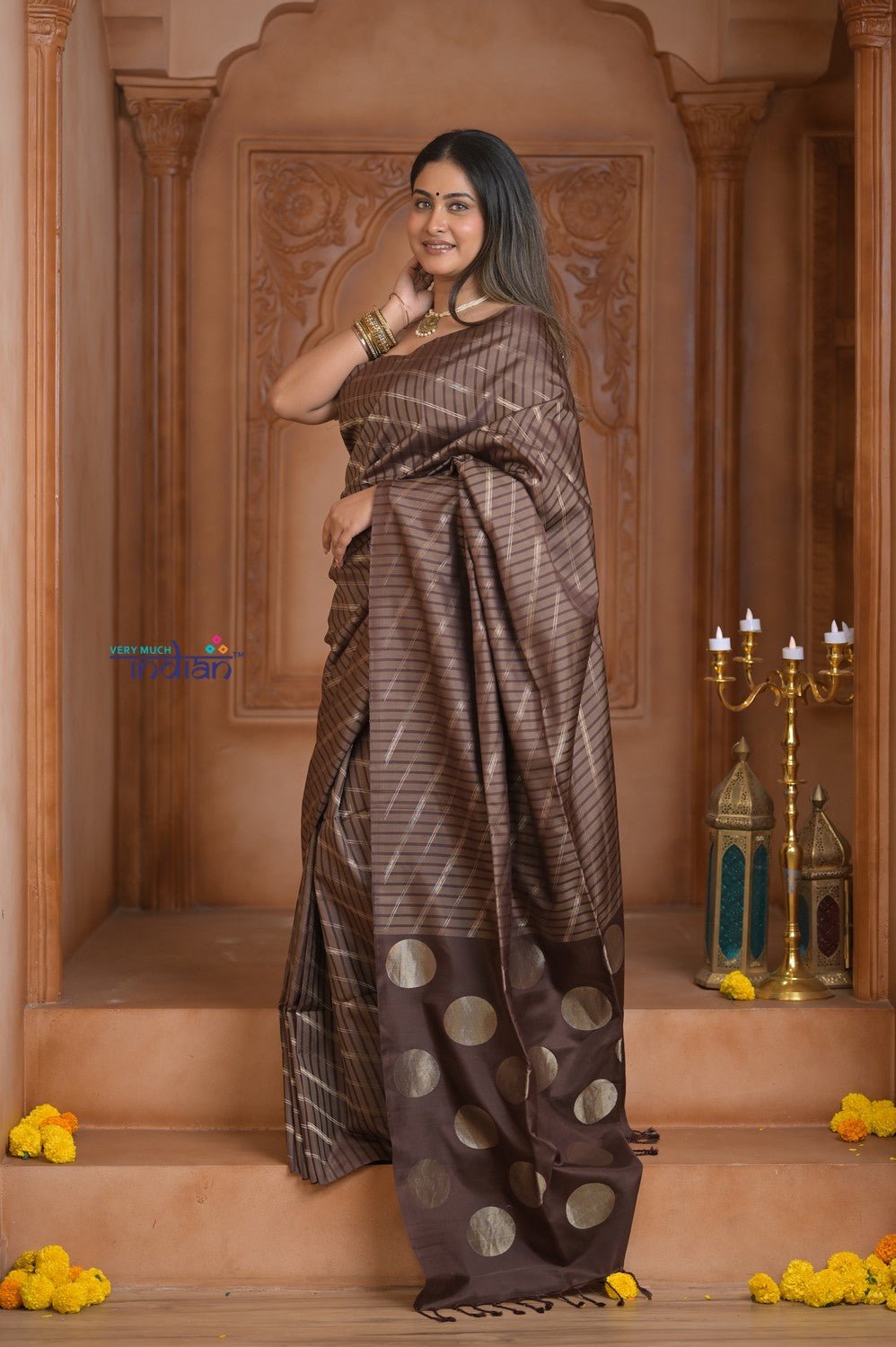 Shubh Lakshmi ~ Handloom High Quality Pure Soft Silk Saree in Gold Brown (Silk Mark Certified) - verymuchindian.com