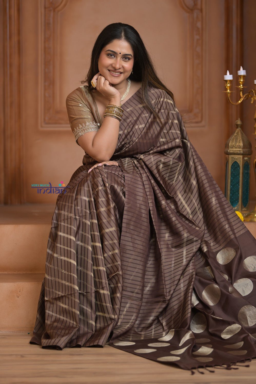 Shubh Lakshmi ~ Handloom High Quality Pure Soft Silk Saree in Gold Brown (Silk Mark Certified) - verymuchindian.com