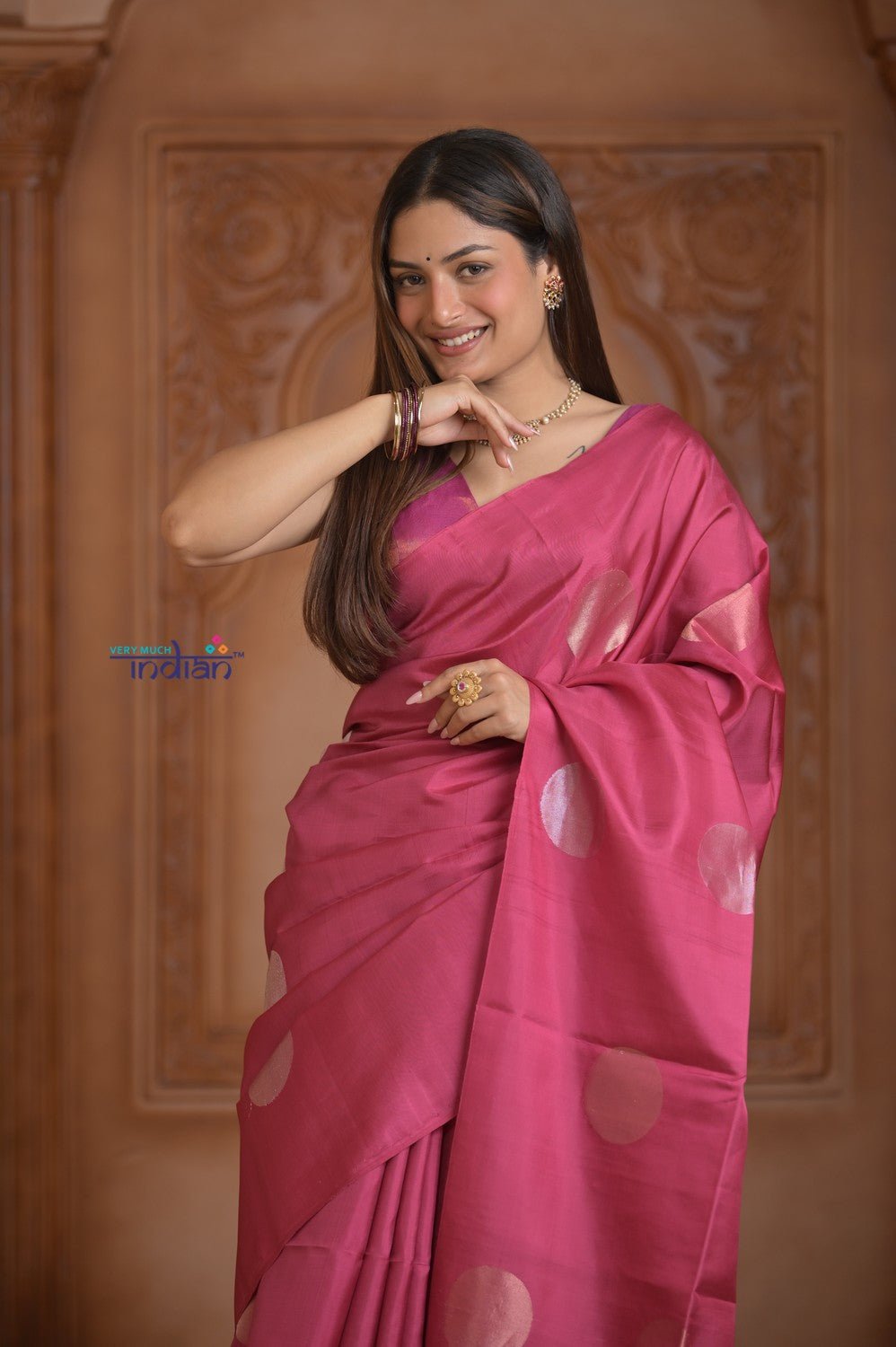 Shubh Lakshmi~ Handloom High Quality Pure Soft Silk Saree in Hot Pink (Silk Mark Certified) - verymuchindian.com