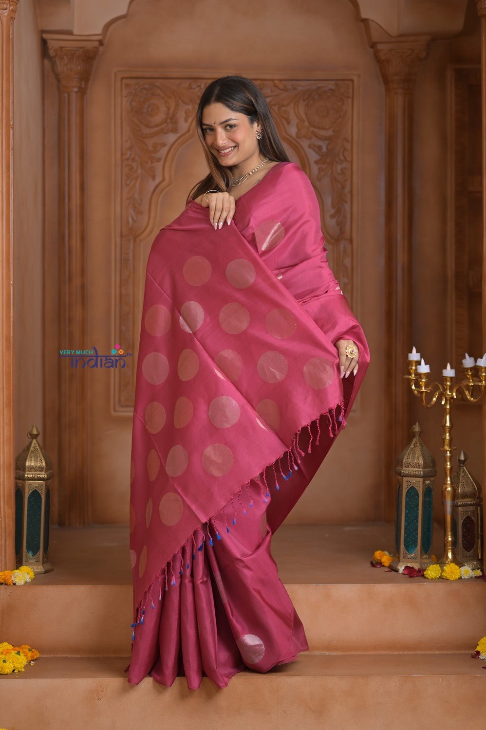 Shubh Lakshmi~ Handloom High Quality Pure Soft Silk Saree in Hot Pink (Silk Mark Certified) - verymuchindian.com