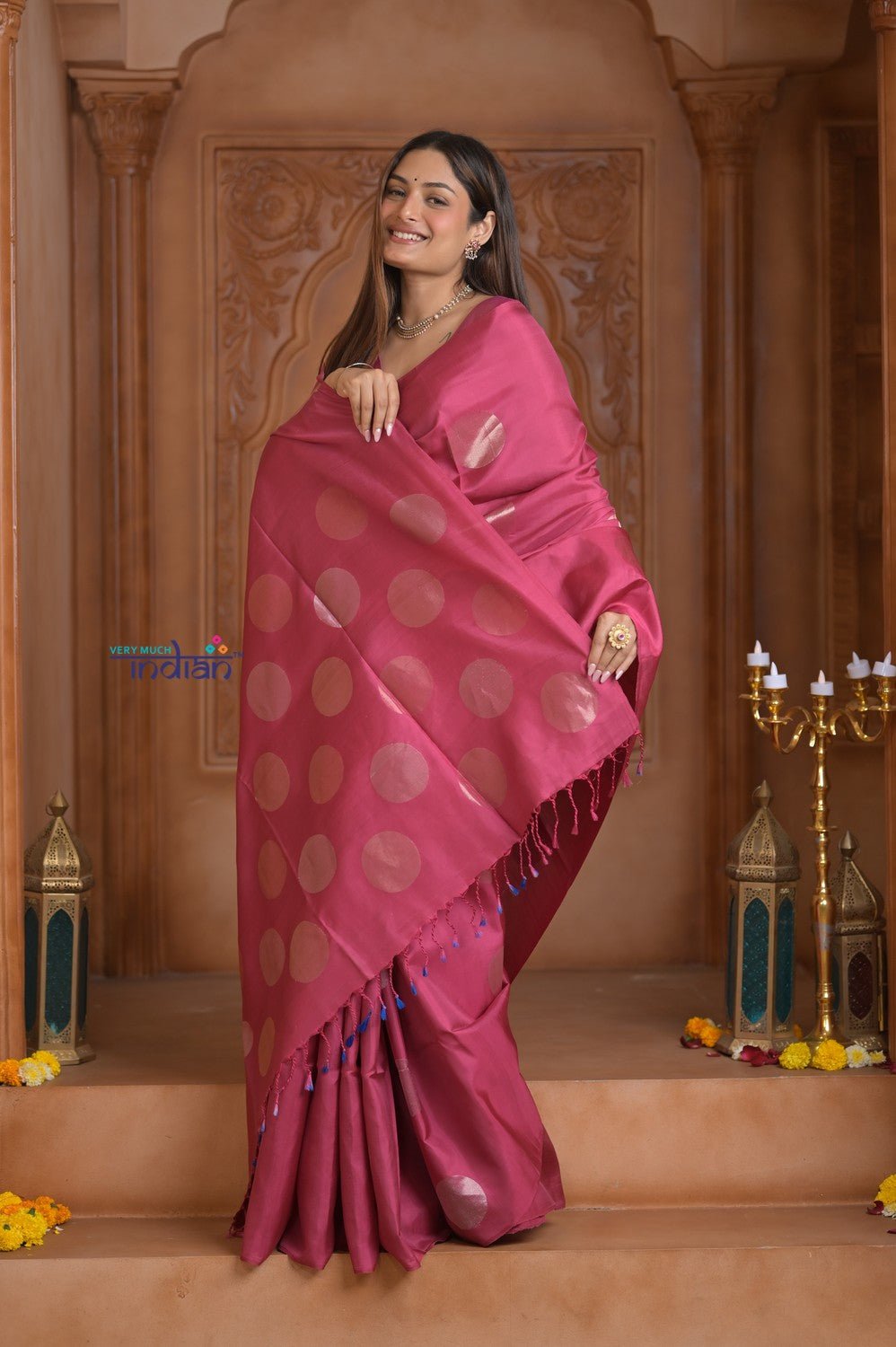 Shubh Lakshmi~ Handloom High Quality Pure Soft Silk Saree in Hot Pink (Silk Mark Certified) - verymuchindian.com