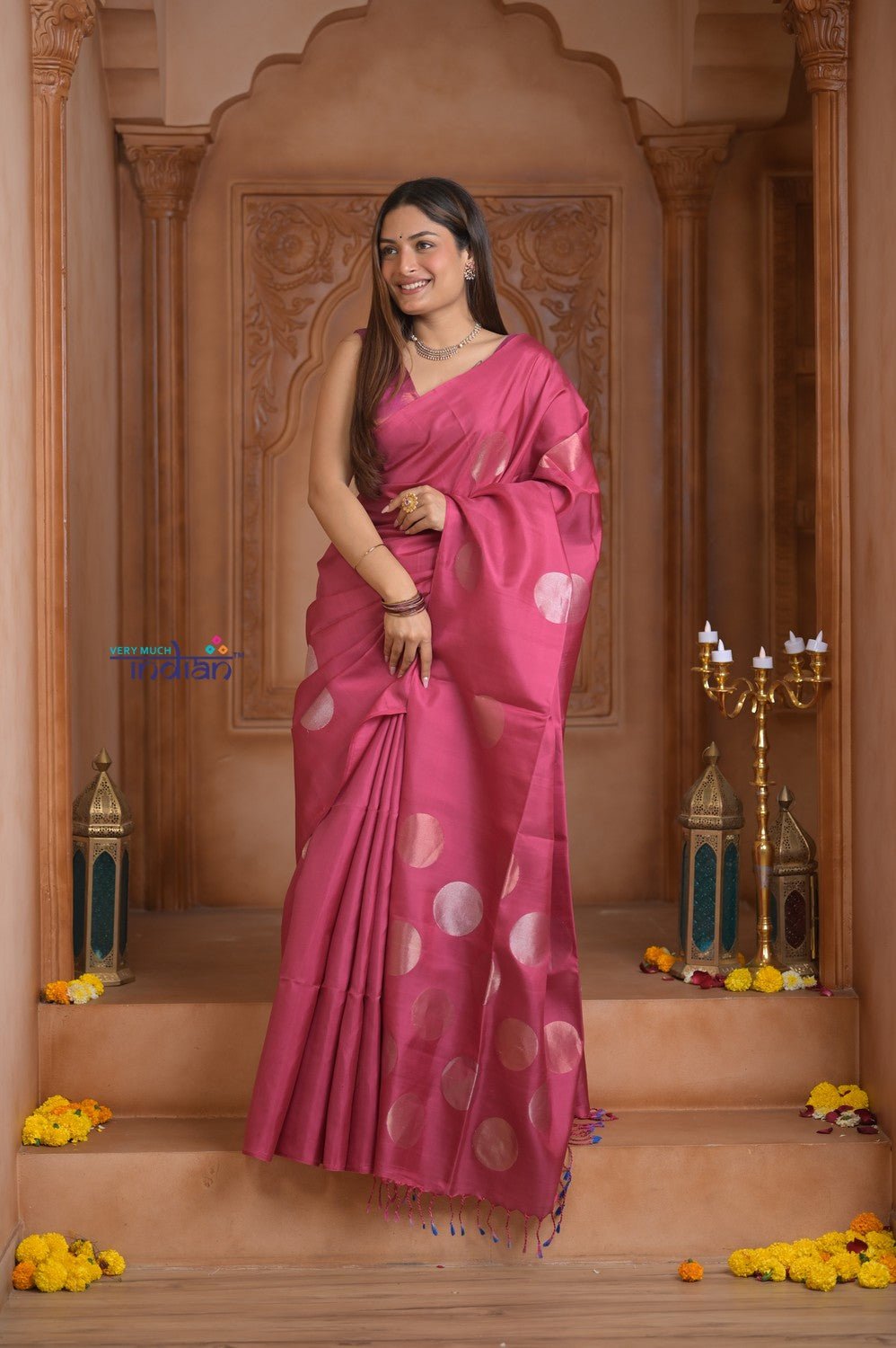 Shubh Lakshmi~ Handloom High Quality Pure Soft Silk Saree in Hot Pink (Silk Mark Certified) - verymuchindian.com