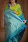 Shubh Lakshmi ~ Handloom High Quality Pure Soft Silk Saree in Lemon Green and Blue (Silk Mark Certified) - verymuchindian.com