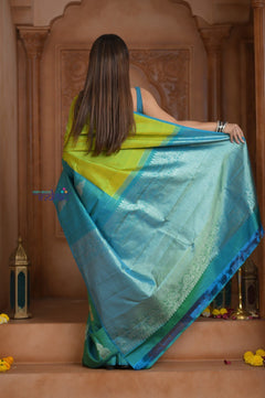 Shubh Lakshmi ~ Handloom High Quality Pure Soft Silk Saree in Lemon Green and Blue (Silk Mark Certified) - verymuchindian.com