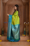 Shubh Lakshmi ~ Handloom High Quality Pure Soft Silk Saree in Lemon Green and Blue (Silk Mark Certified) - verymuchindian.com