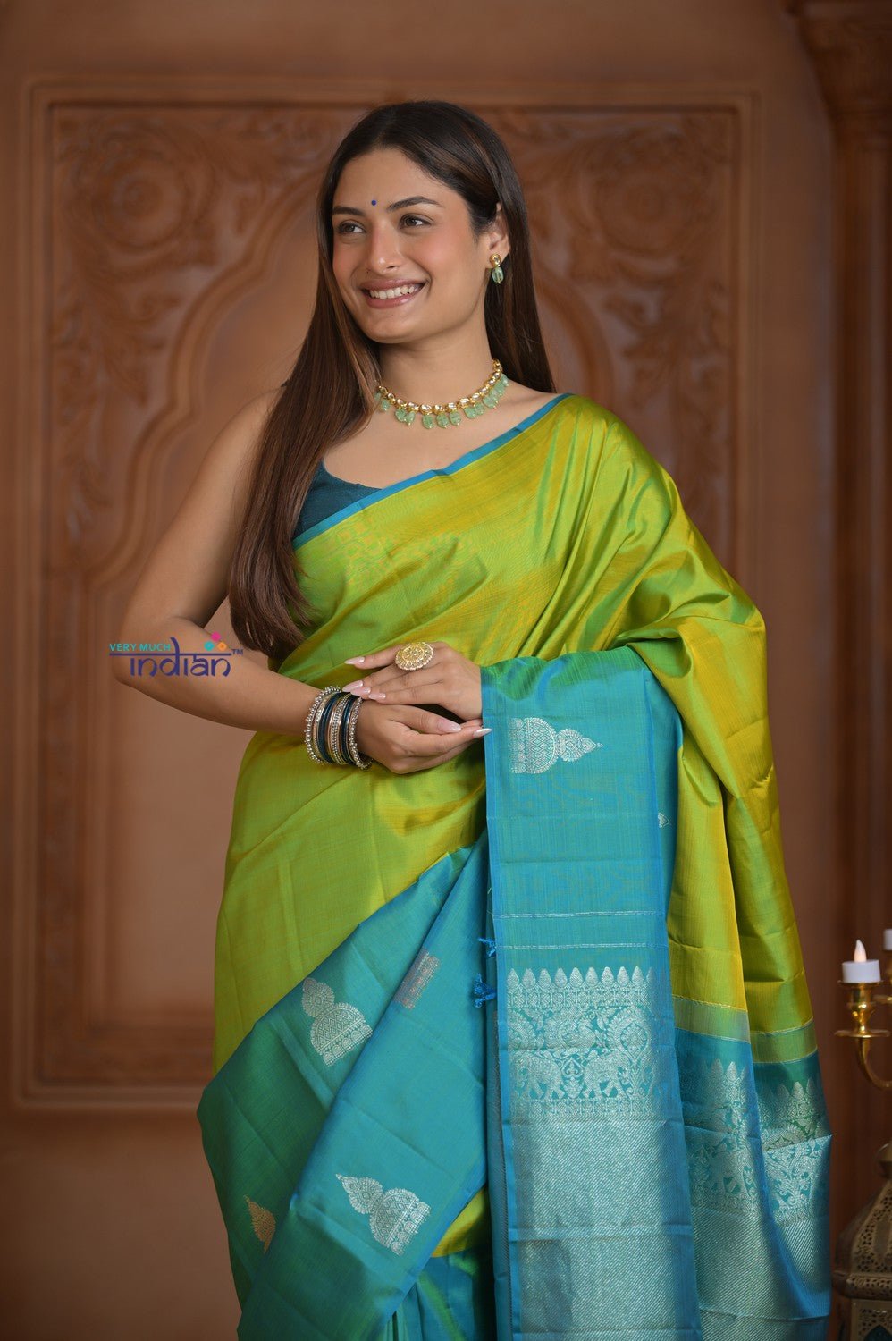 Shubh Lakshmi ~ Handloom High Quality Pure Soft Silk Saree in Lemon Green and Blue (Silk Mark Certified) - verymuchindian.com