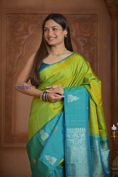 Shubh Lakshmi ~ Handloom High Quality Pure Soft Silk Saree in Lemon Green and Blue (Silk Mark Certified) - verymuchindian.com