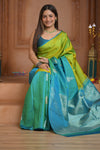 Shubh Lakshmi ~ Handloom High Quality Pure Soft Silk Saree in Lemon Green and Blue (Silk Mark Certified) - verymuchindian.com