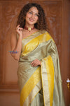 Shubh Lakshmi ~ Handloom High Quality Pure Soft Silk Saree in Lemon Green and Yellow (Silk Mark Certified) - verymuchindian.com
