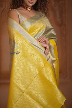 Shubh Lakshmi ~ Handloom High Quality Pure Soft Silk Saree in Lemon Green and Yellow (Silk Mark Certified) - verymuchindian.com