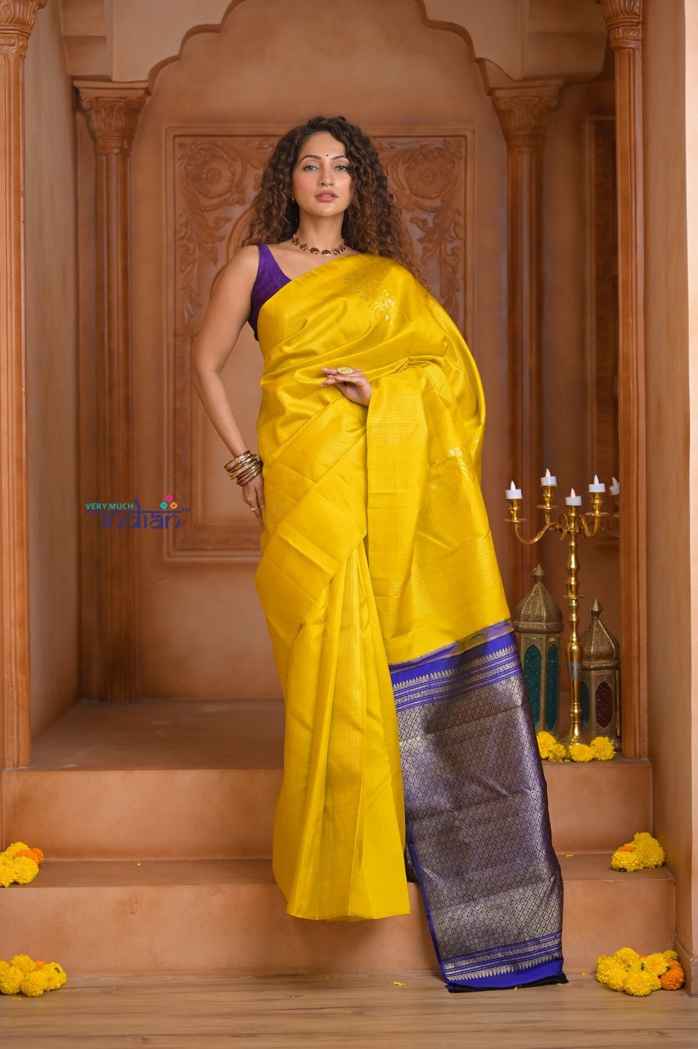Shubh Lakshmi ~ Handloom High Quality Pure Soft Silk Saree in Lemon Yellow and Blue (Silk Mark Certified) - verymuchindian.com
