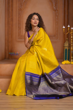 Shubh Lakshmi ~ Handloom High Quality Pure Soft Silk Saree in Lemon Yellow and Blue (Silk Mark Certified) - verymuchindian.com