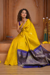 Shubh Lakshmi ~ Handloom High Quality Pure Soft Silk Saree in Lemon Yellow and Blue (Silk Mark Certified) - verymuchindian.com