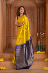 Shubh Lakshmi ~ Handloom High Quality Pure Soft Silk Saree in Lemon Yellow and Blue (Silk Mark Certified) - verymuchindian.com