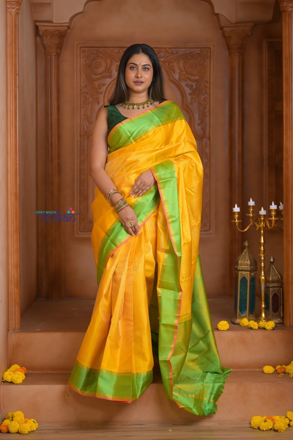 Shubh Lakshmi ~ Handloom High Quality Pure Soft Silk Saree in Lemon Yellow (Silk Mark Certified) - verymuchindian.com