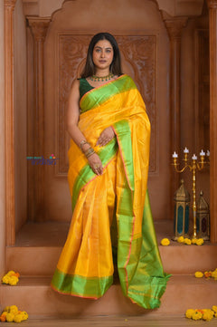 Shubh Lakshmi ~ Handloom High Quality Pure Soft Silk Saree in Lemon Yellow (Silk Mark Certified) - verymuchindian.com