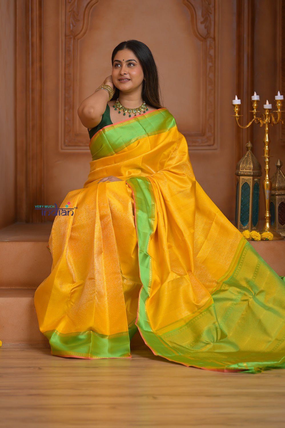 Shubh Lakshmi ~ Handloom High Quality Pure Soft Silk Saree in Lemon Yellow (Silk Mark Certified) - verymuchindian.com