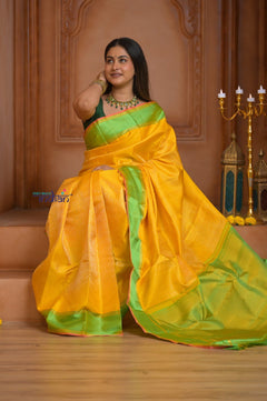 Shubh Lakshmi ~ Handloom High Quality Pure Soft Silk Saree in Lemon Yellow (Silk Mark Certified) - verymuchindian.com