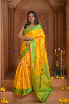 Shubh Lakshmi ~ Handloom High Quality Pure Soft Silk Saree in Lemon Yellow (Silk Mark Certified) - verymuchindian.com