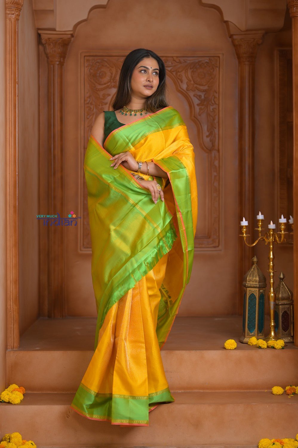Shubh Lakshmi ~ Handloom High Quality Pure Soft Silk Saree in Lemon Yellow (Silk Mark Certified) - verymuchindian.com