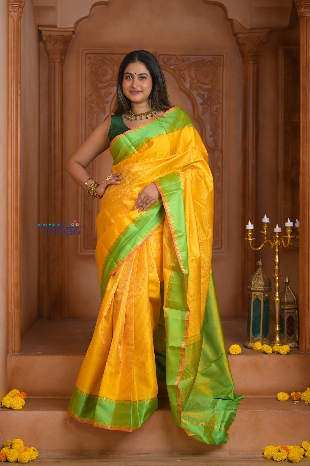 Shubh Lakshmi ~ Handloom High Quality Pure Soft Silk Saree in Lemon Yellow (Silk Mark Certified) - verymuchindian.com