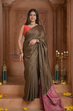 Shubh Lakshmi ~ Handloom High Quality Pure Soft Silk Saree in Light Brown and Pink (Silk Mark Certified) - verymuchindian.com