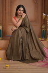 Shubh Lakshmi ~ Handloom High Quality Pure Soft Silk Saree in Light Brown and Pink (Silk Mark Certified) - verymuchindian.com