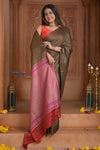 Shubh Lakshmi ~ Handloom High Quality Pure Soft Silk Saree in Light Brown and Pink (Silk Mark Certified) - verymuchindian.com