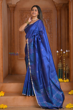 Shubh Lakshmi ~ Handloom High Quality Pure Soft Silk Saree in Marine Blue (Silk Mark Certified) - verymuchindian.com