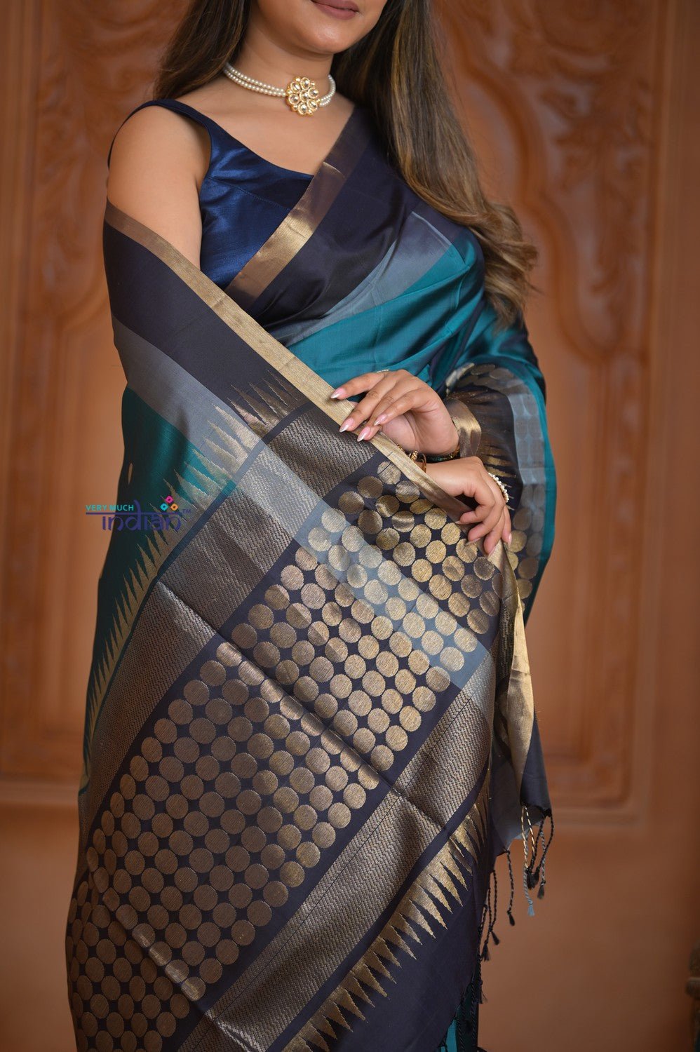 Shubh Lakshmi ~ Handloom High Quality Pure Soft Silk Saree in Ocean Blue and Black (Silk Mark Certified) - verymuchindian.com
