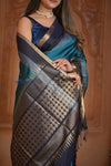 Shubh Lakshmi ~ Handloom High Quality Pure Soft Silk Saree in Ocean Blue and Black (Silk Mark Certified) - verymuchindian.com