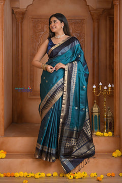 Shubh Lakshmi ~ Handloom High Quality Pure Soft Silk Saree in Ocean Blue and Black (Silk Mark Certified) - verymuchindian.com