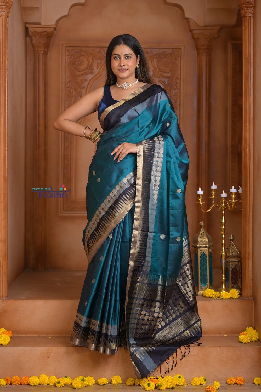 Shubh Lakshmi ~ Handloom High Quality Pure Soft Silk Saree in Ocean Blue and Black (Silk Mark Certified) - verymuchindian.com