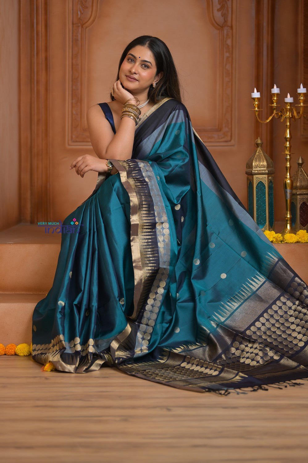 Shubh Lakshmi ~ Handloom High Quality Pure Soft Silk Saree in Ocean Blue and Black (Silk Mark Certified) - verymuchindian.com