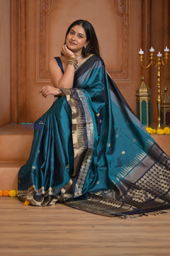 Shubh Lakshmi ~ Handloom High Quality Pure Soft Silk Saree in Ocean Blue and Black (Silk Mark Certified) - verymuchindian.com