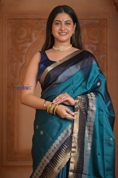 Shubh Lakshmi ~ Handloom High Quality Pure Soft Silk Saree in Ocean Blue and Black (Silk Mark Certified) - verymuchindian.com
