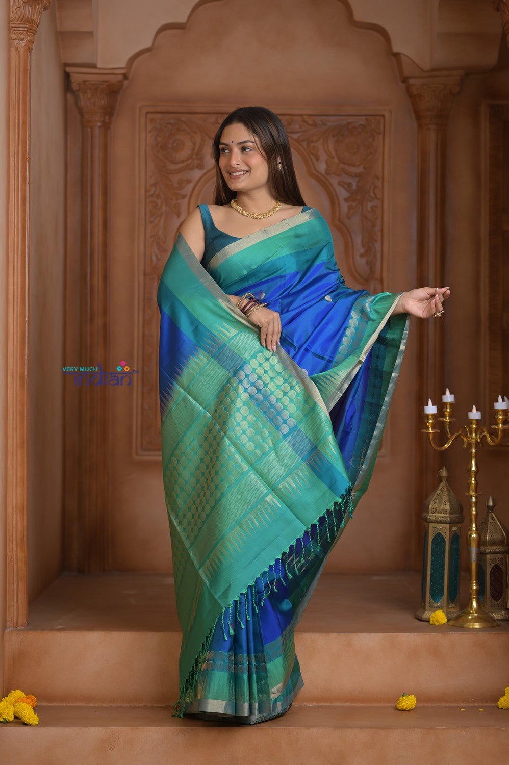 Shubh Lakshmi ~ Handloom High Quality Pure Soft Silk Saree in Ocean Blue and Green (Silk Mark Certified) - verymuchindian.com