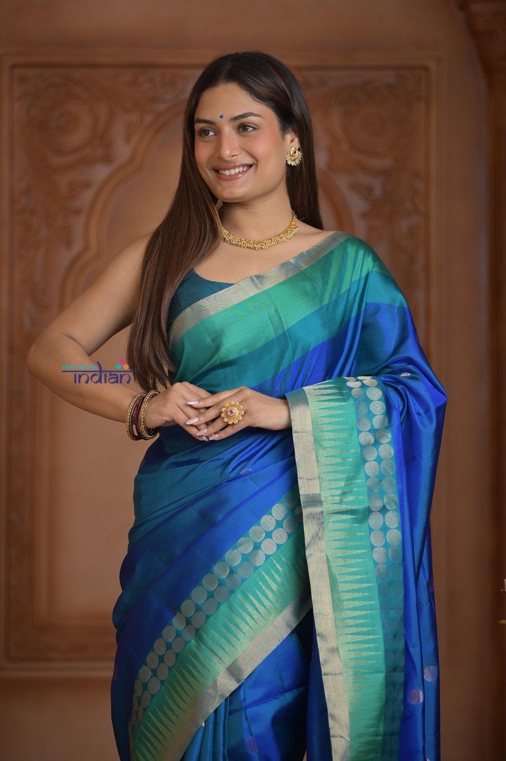 Shubh Lakshmi ~ Handloom High Quality Pure Soft Silk Saree in Ocean Blue and Green (Silk Mark Certified) - verymuchindian.com