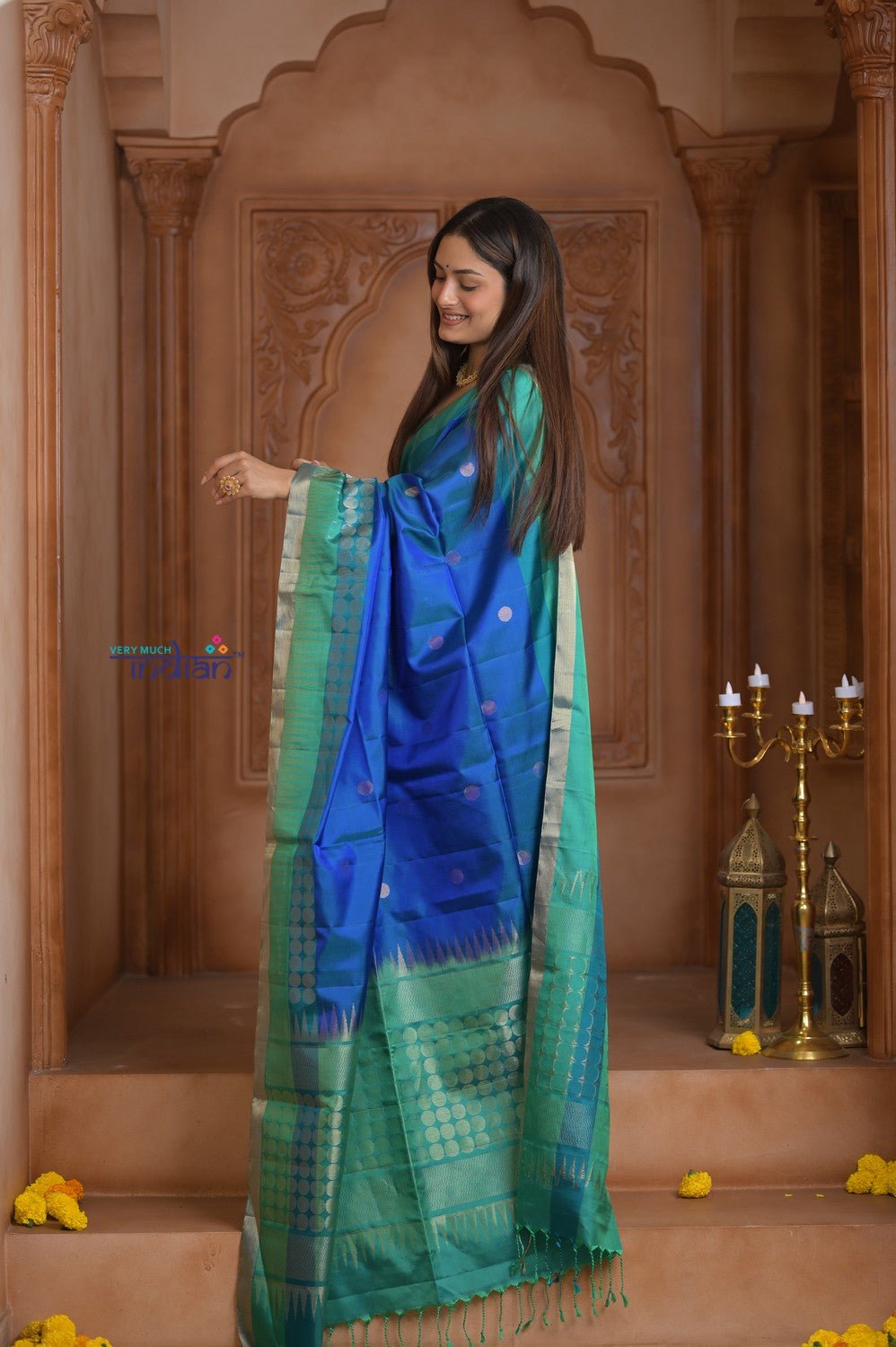 Shubh Lakshmi ~ Handloom High Quality Pure Soft Silk Saree in Ocean Blue and Green (Silk Mark Certified) - verymuchindian.com