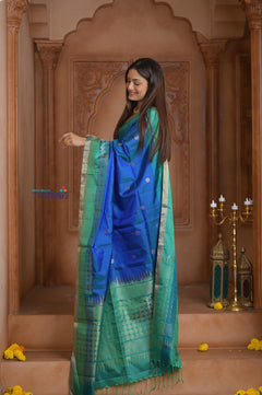 Shubh Lakshmi ~ Handloom High Quality Pure Soft Silk Saree in Ocean Blue and Green (Silk Mark Certified) - verymuchindian.com