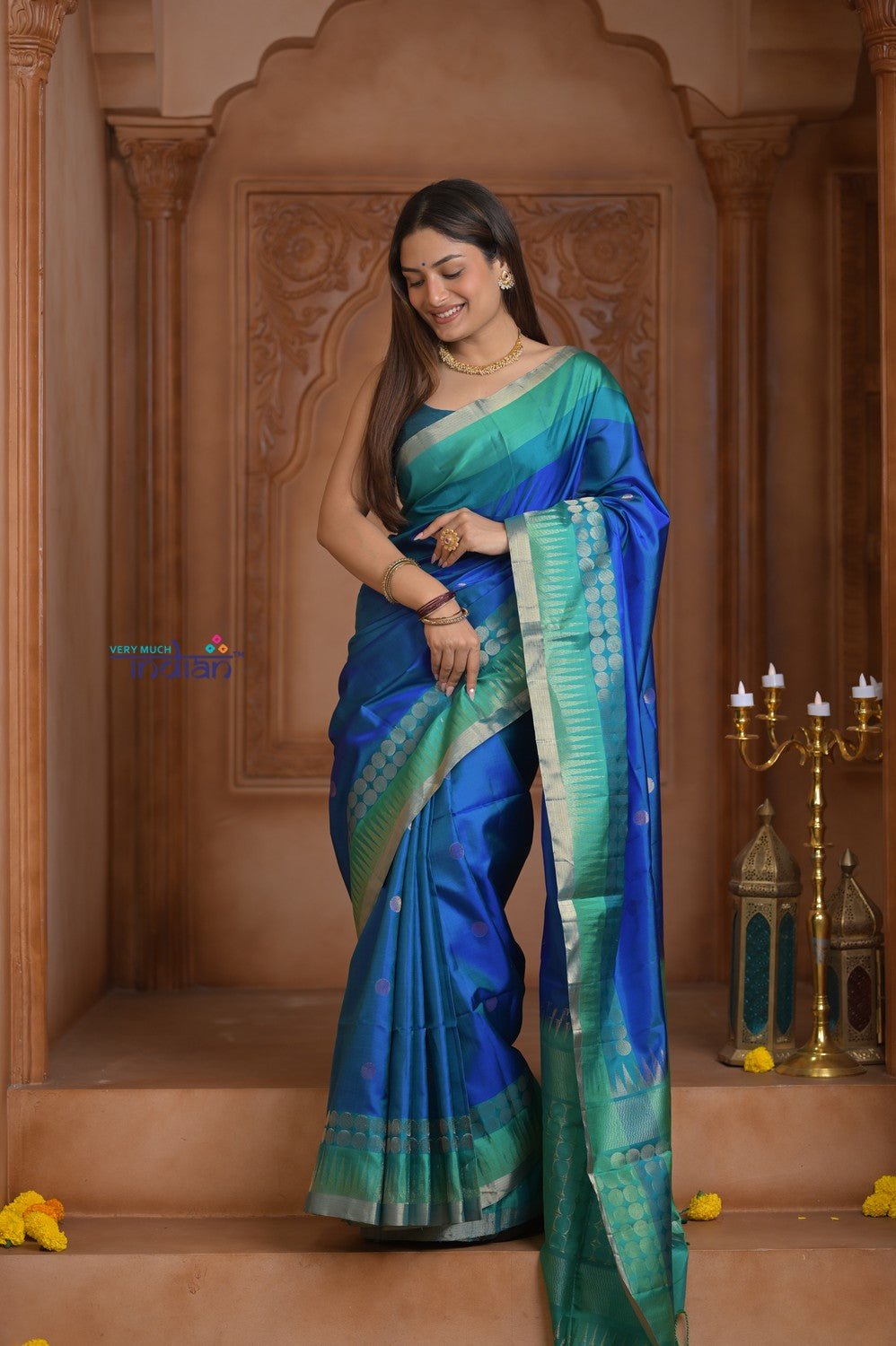 Shubh Lakshmi ~ Handloom High Quality Pure Soft Silk Saree in Ocean Blue and Green (Silk Mark Certified) - verymuchindian.com