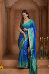 Shubh Lakshmi ~ Handloom High Quality Pure Soft Silk Saree in Ocean Blue and Green (Silk Mark Certified) - verymuchindian.com