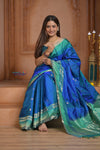 Shubh Lakshmi ~ Handloom High Quality Pure Soft Silk Saree in Ocean Blue and Green (Silk Mark Certified) - verymuchindian.com
