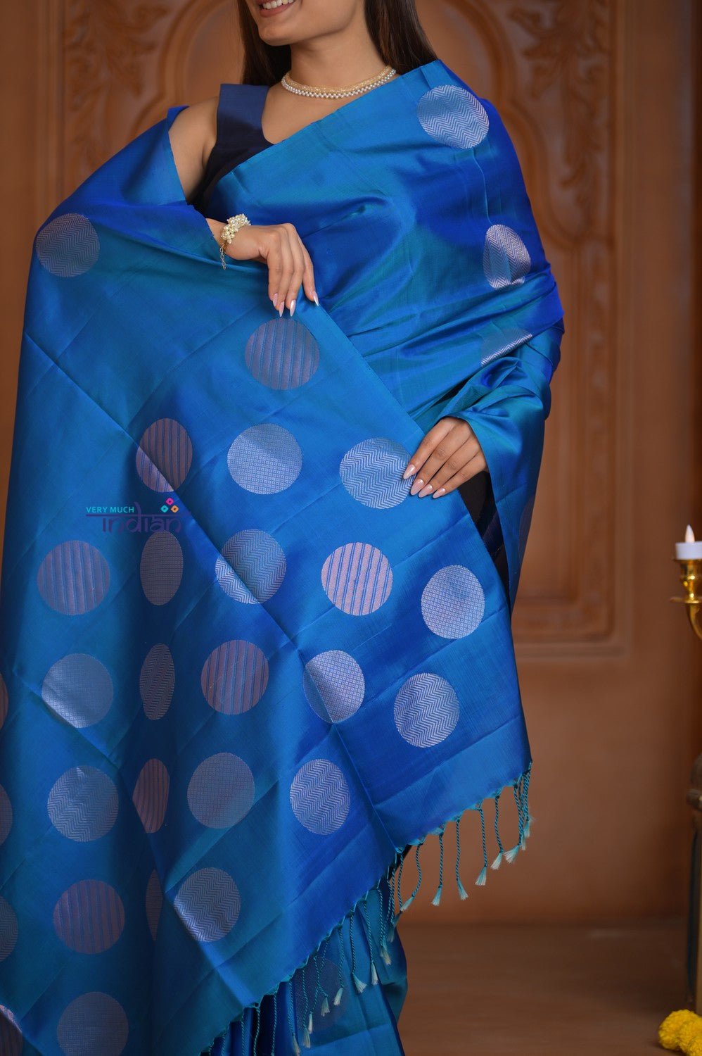 Shubh Lakshmi ~ Handloom High Quality Pure Soft Silk Saree in Ocean Blue (Silk Mark Certified) - verymuchindian.com