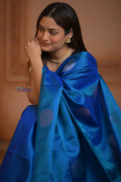 Shubh Lakshmi ~ Handloom High Quality Pure Soft Silk Saree in Ocean Blue (Silk Mark Certified) - verymuchindian.com